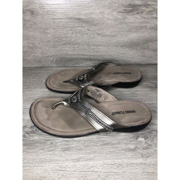 Minnetonka Pewter Silver Silverthorne Filp Flop Thong Sandals Women Sz 10M US/41 - Picture 1 of 14